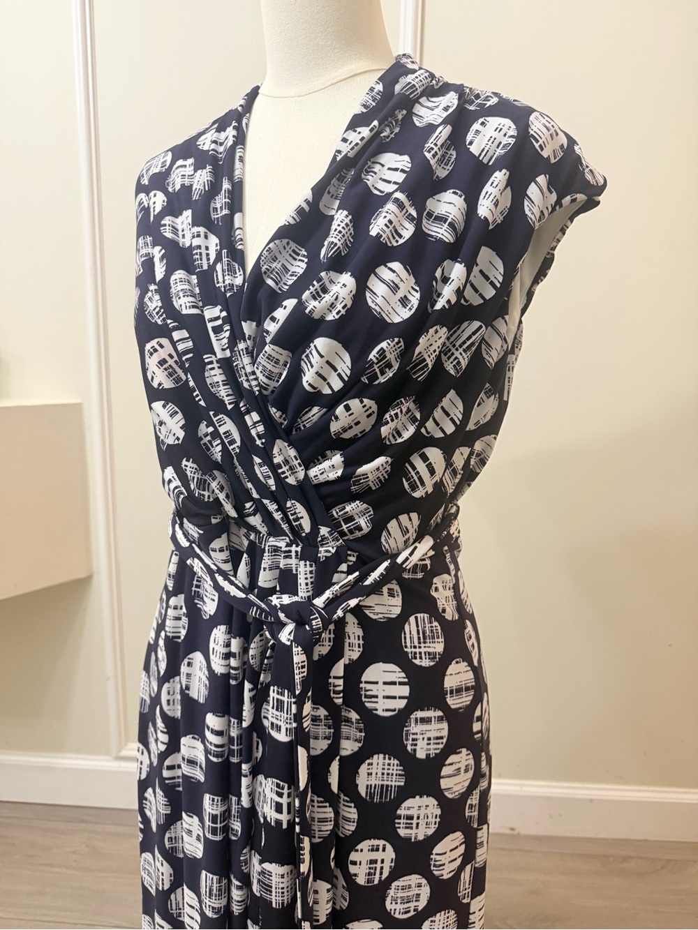 Eliza J Navy and White Wrap Midi Dress with Geometric Polka Dot Medallions - Picture 6 of 7